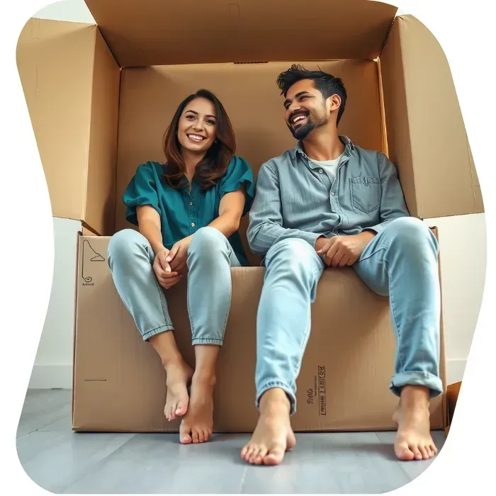 Two guys sitting on the floor of their apartment with Muval moving boxes